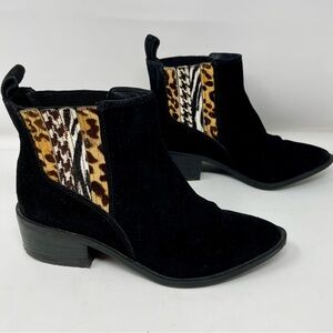 Crown Vintage Black Leather Calf Hair Ankle Boots